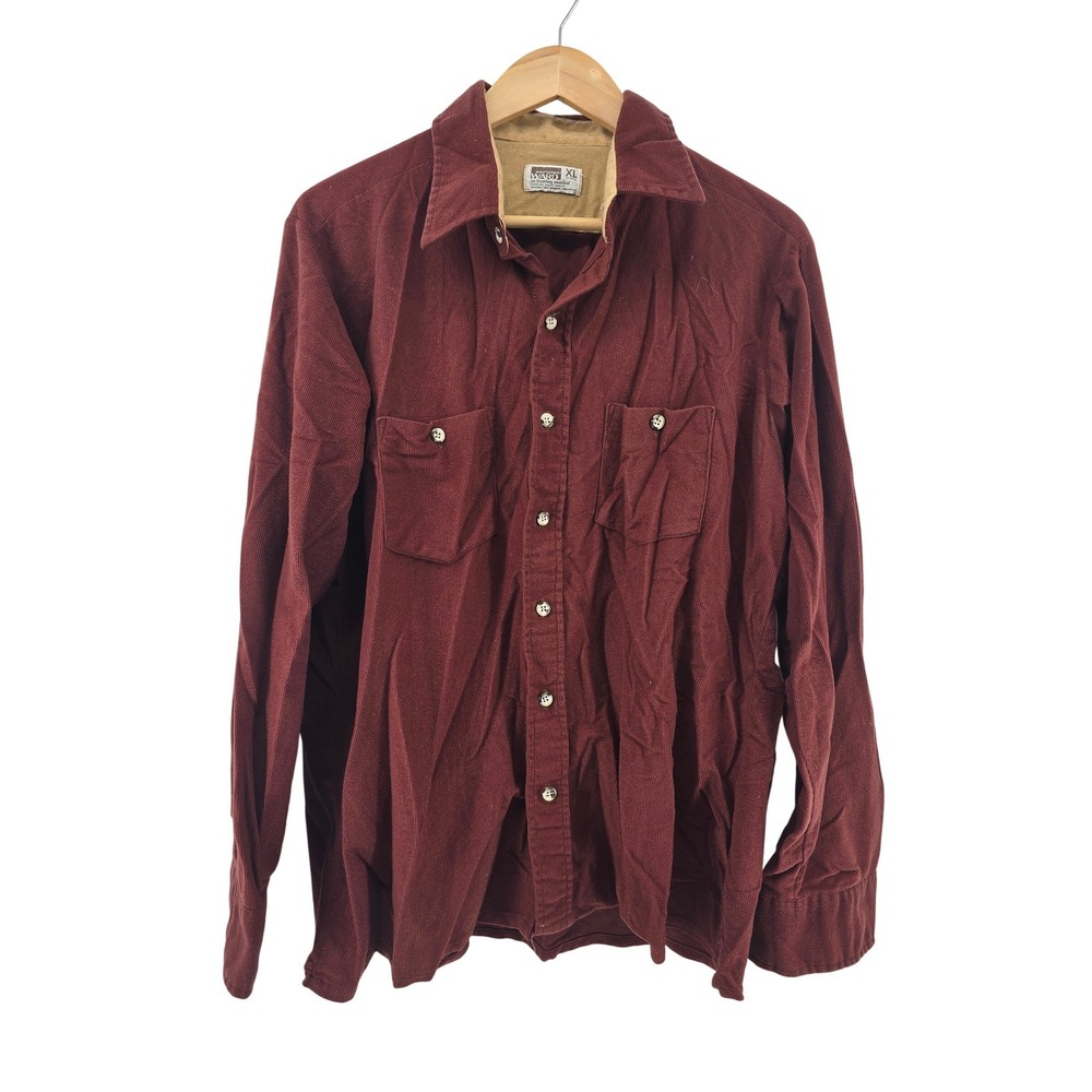 Montgomery Ward Corduroy Shirt Mens XL Burgundy Vintage Button Up Long Sleeve